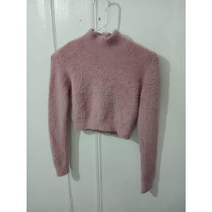 Sunday best womens small crop turtleneck teddy fuzzy blush pink soft sweater